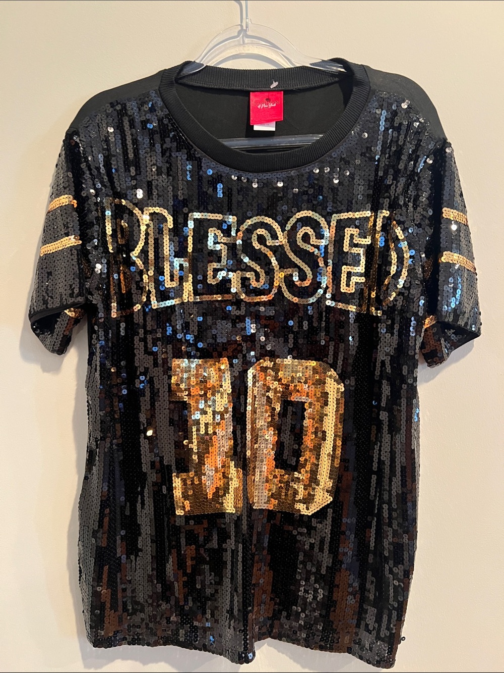 Women’s Black Sequin 'Blessed 10' Short Sleeve Top